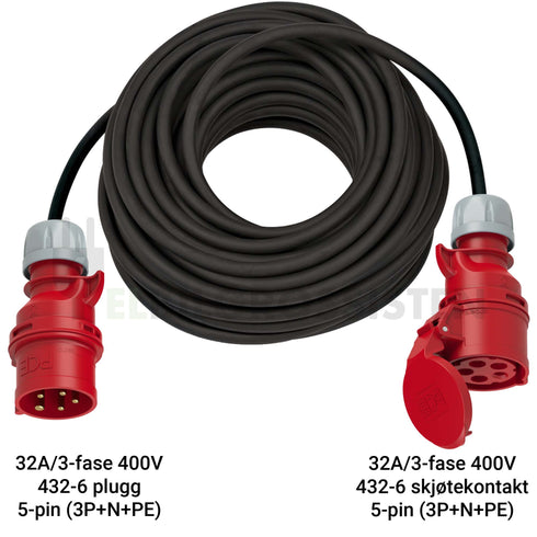 Skjøteledning - CEE - Industrikontakt - 432-6 plugg - 432-6 skjøtekontakt - Elbilgrossisten